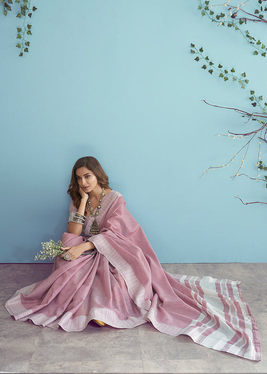 Soft Linen Saree with Chikankari Woven Border-002