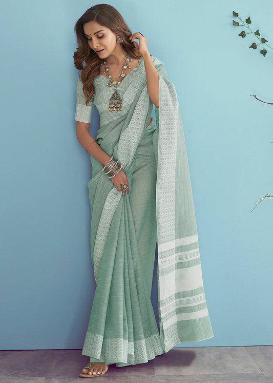 Soft Linen Saree with Chikankari Woven Border-004