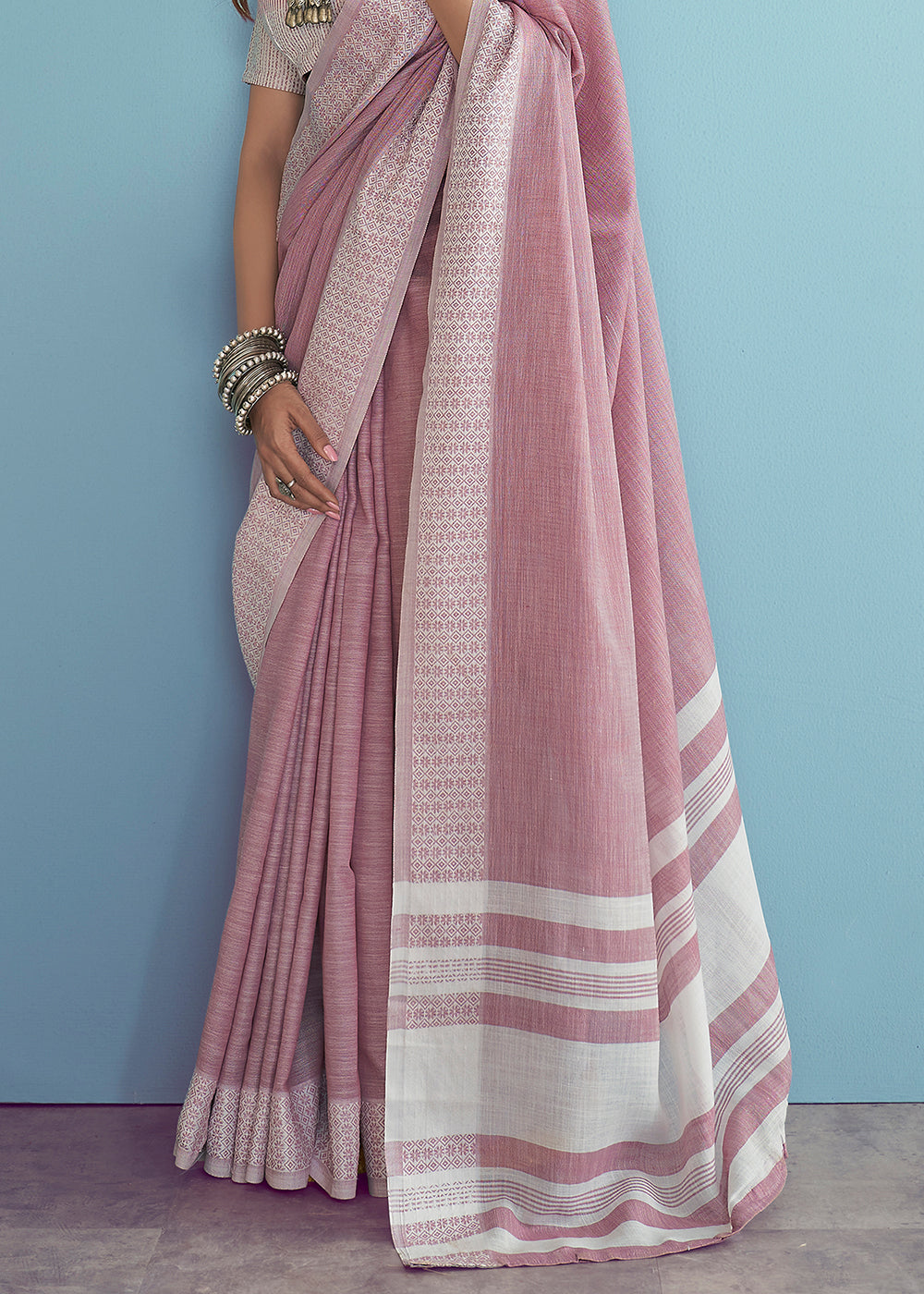 Soft Linen  Saree with Chikankari Woven Border-002