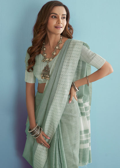 Soft Linen  Saree with Chikankari Woven Border-004