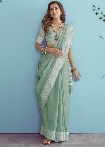 Soft Linen  Saree with Chikankari Woven Border-004