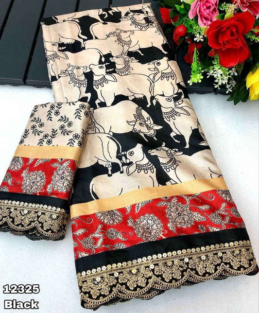 Handloom Tussar Silk Pichwai Digital Print Saree with Embroidered Lace Border-002