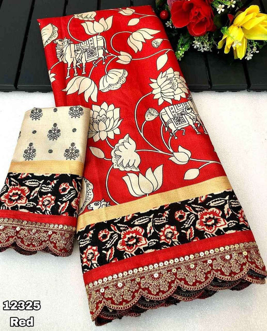 Handloom Tussar Silk Pichwai Digital Print Saree with Embroidered Lace Border-001