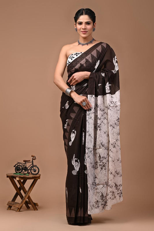 Bagru Block Print Cotton Mulmul Saree (Product Code - 119)