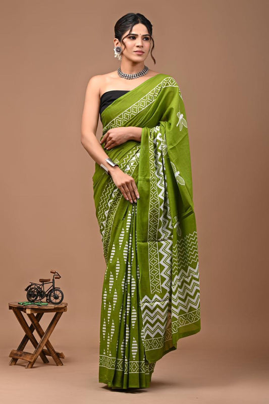 Bagru Block Print Cotton Mulmul Saree (Product Code - 115)