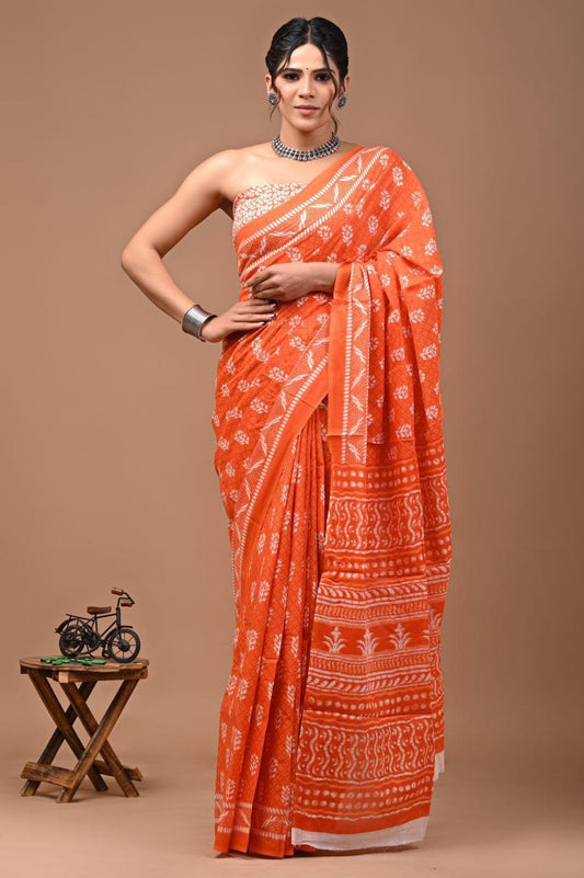 Bagru Block Print Cotton Mulmul Saree (Product Code - 113)