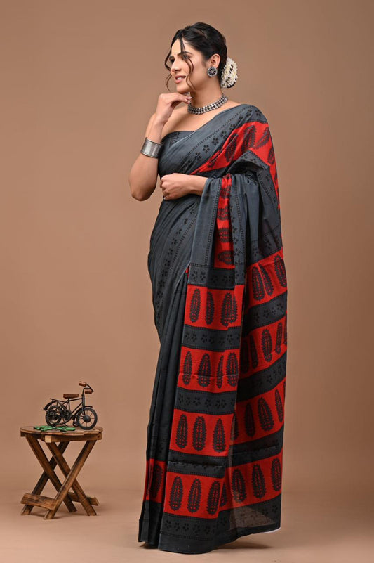 Bagru Block Print Cotton Mulmul Saree (Product Code - 112