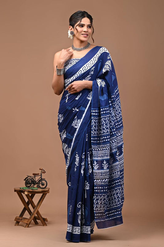 Bagru Block Print Cotton Mulmul Saree (Product Code - 114)