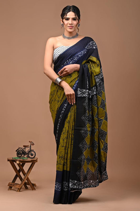 Bagru Block Print Cotton Mulmul Saree (Product Code - 110)