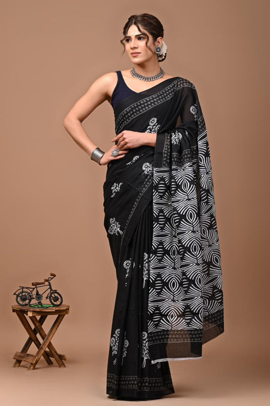 Bagru Block Print Cotton Mulmul Saree (Product Code - 109)