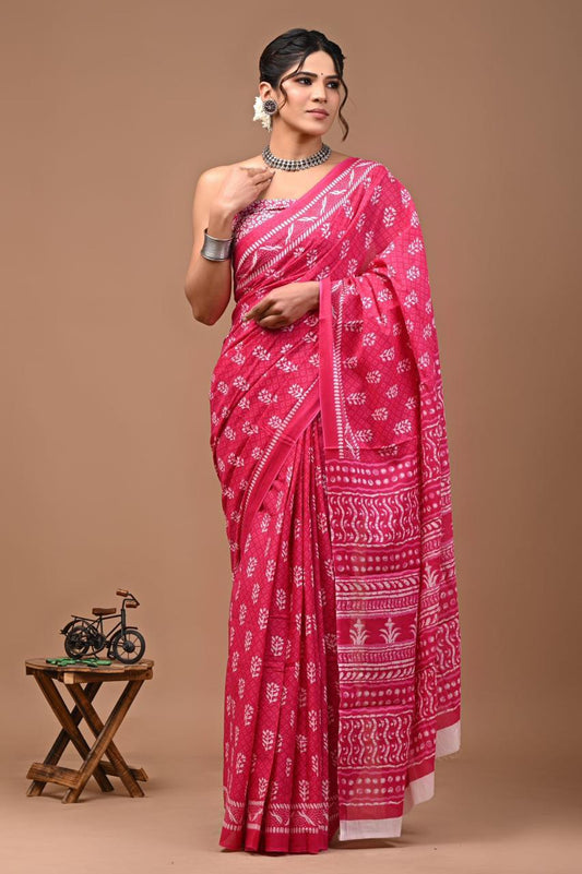 Bagru Block Print Cotton Mulmul Saree (Product Code - 111)