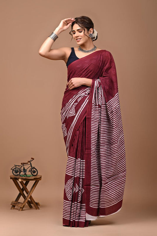 Bagru Block Print Cotton Mulmul Saree (Product Code - 108)