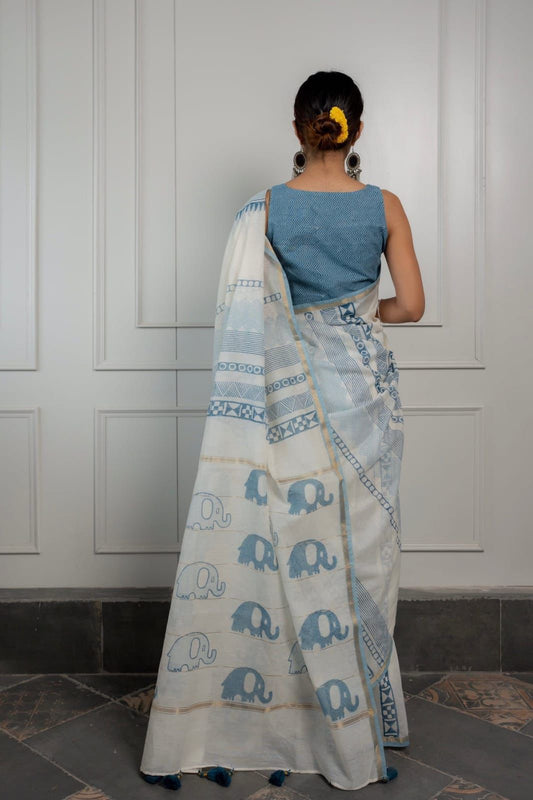 Pure Chanderi Saree with Golden Zari Piping Border and Batik Printed Blouse