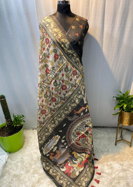 Elegant Soft Cotton Chanderi Saree with Kalamkari Digital Print and Tassels- 005