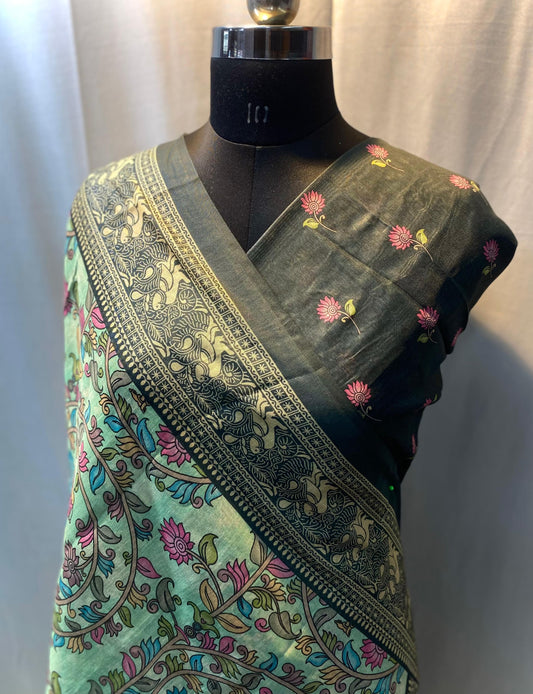 Elegant Soft Cotton Chanderi Saree with Kalamkari Digital Print and Tassels- 004