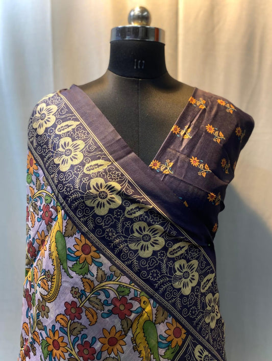 Elegant Soft Cotton Chanderi Saree with Kalamkari Digital Print and Tassels- 002