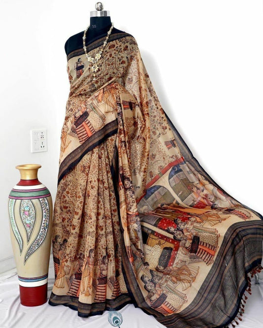 Elegant Linen Digital Print Saree with Kalamkari Design and Fancy Tassels-011