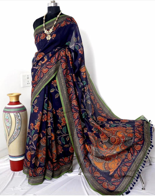 Elegant Linen Digital Print Saree with Kalamkari Design and Fancy Tassels-010