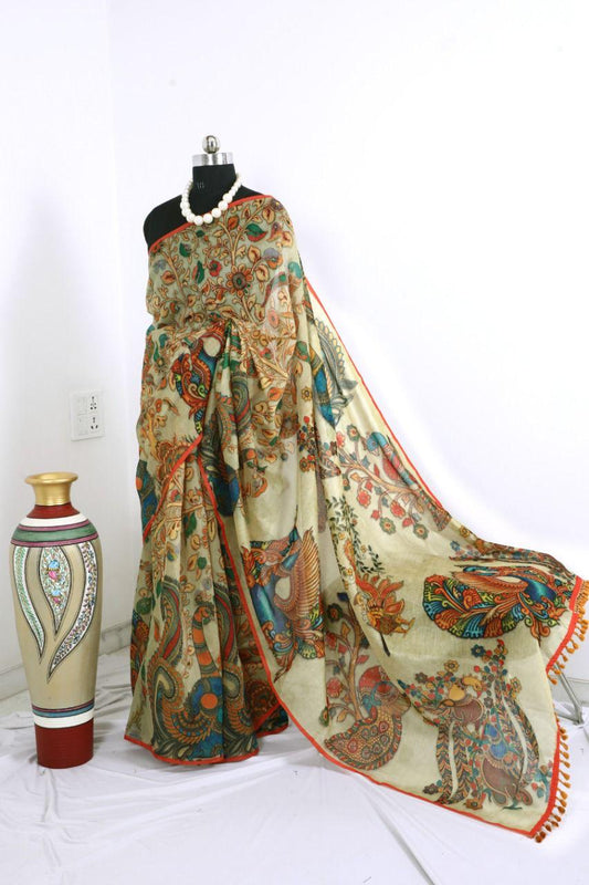 Elegant Linen Digital Print Saree with Kalamkari Design and Fancy Tassels-009