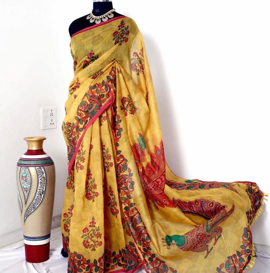 Elegant Linen Digital Print Saree with Kalamkari Design and Fancy Tassels-008