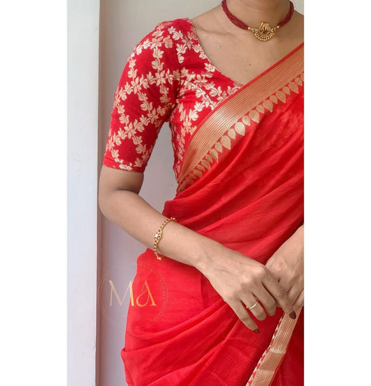 Beautiful Pure Chinon Chiffon Saree with Zari Weaving Border- 001