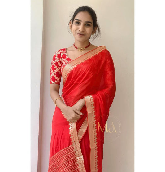 Beautiful Pure Chinon Chiffon Saree with Zari Weaving Border- 001