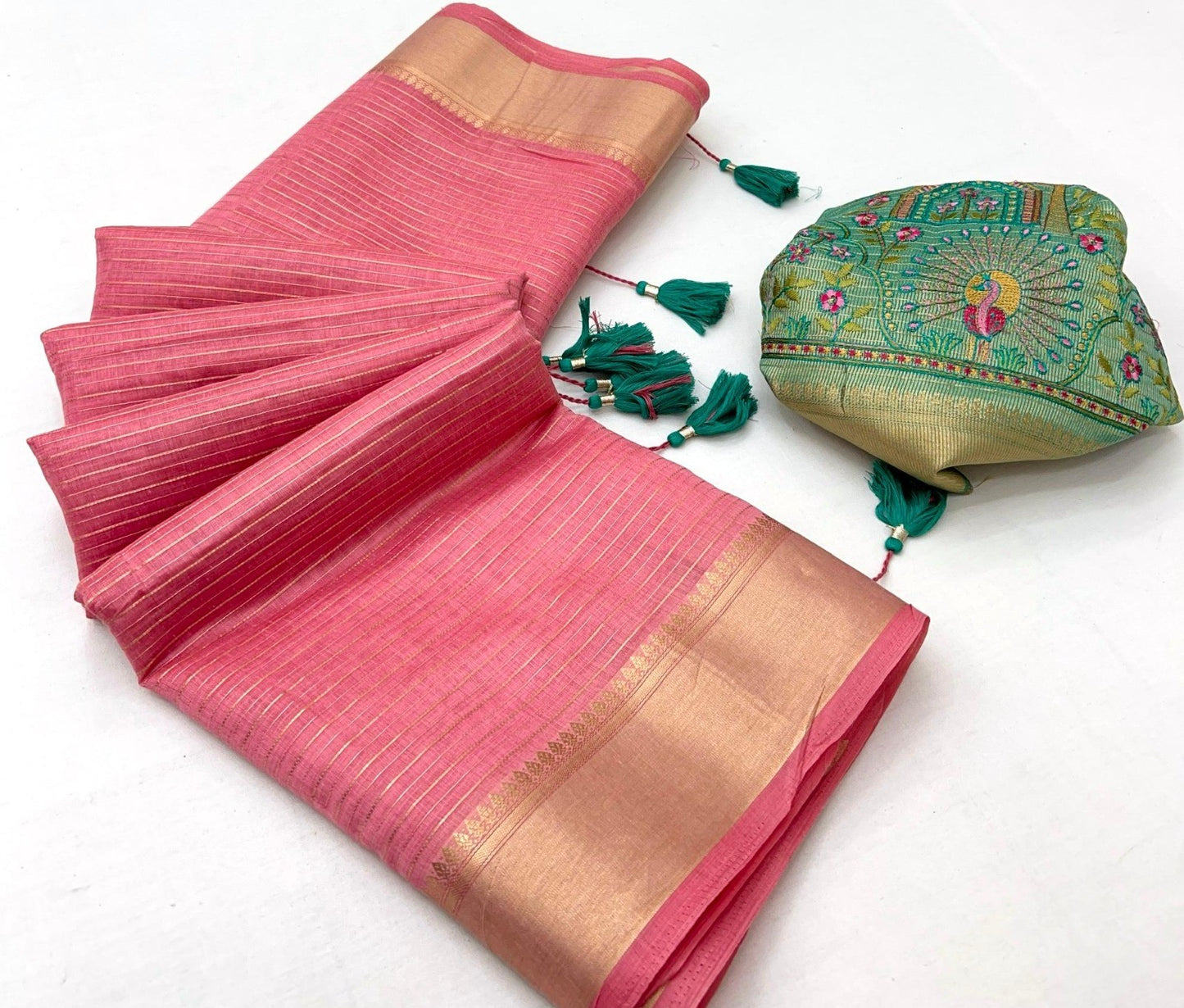 Linen Silk Saree with Golden Zari Border & Contrast Blouse-001