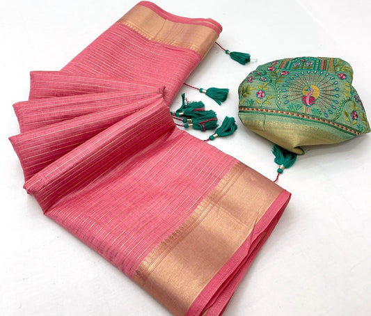 Linen Silk Saree with Golden Zari Border & Contrast Blouse-001