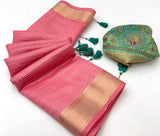 Linen Silk Saree with Golden Zari Border & Contrast Blouse-001