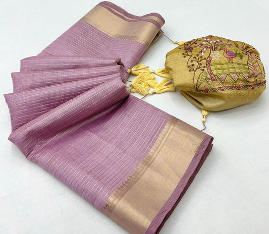 Linen Silk Saree with Golden Zari Border & Contrast Blouse-002