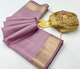 Linen Silk Saree with Golden Zari Border & Contrast Blouse-002
