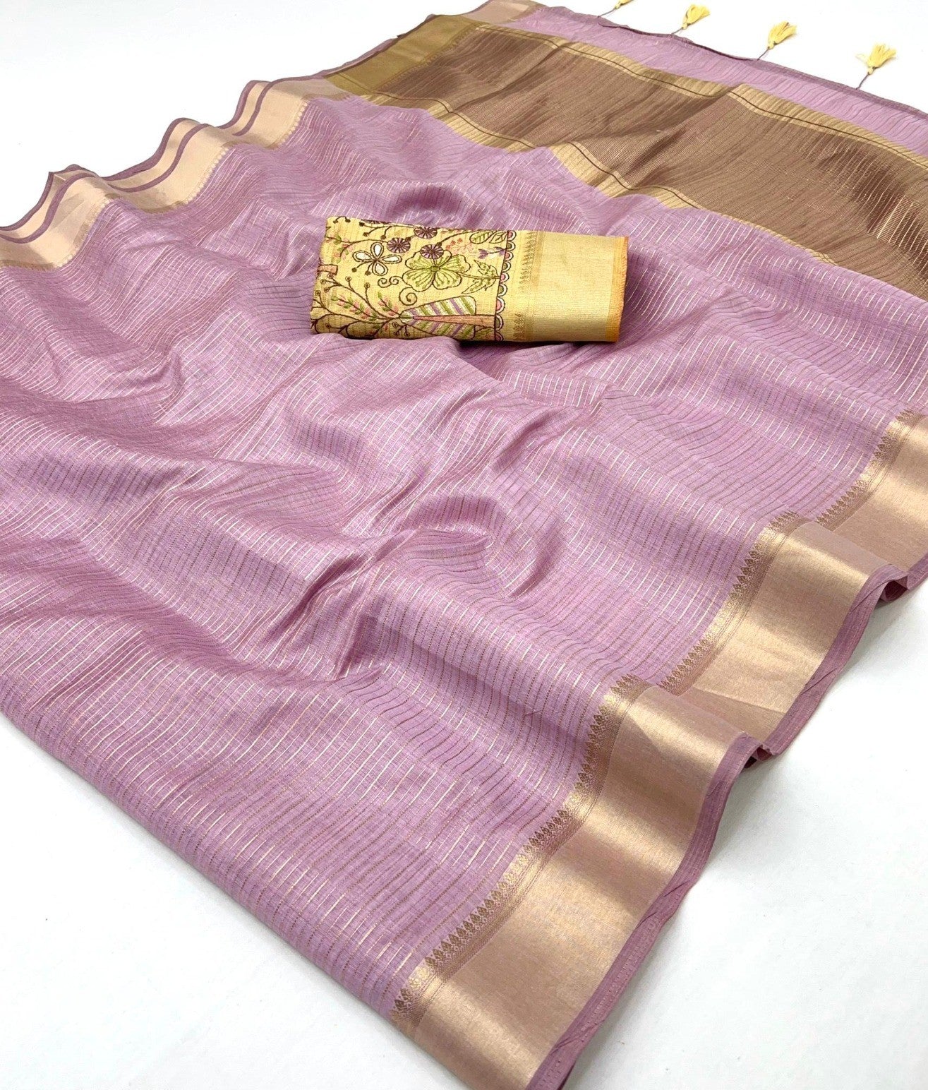Linen Silk Saree with Golden Zari Border & Contrast Blouse-002