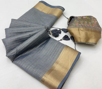Linen Silk Saree with Golden Zari Border & Contrast Blouse-003
