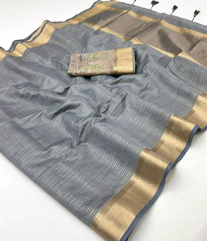 Linen Silk Saree with Golden Zari Border & Contrast Blouse-003