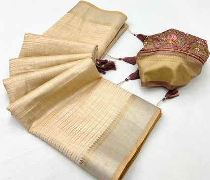 Linen Silk Saree with Golden Zari Border & Contrast Blouse-005