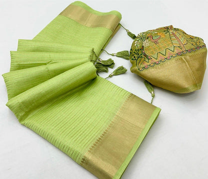Linen Silk Saree with Golden Zari Border & Contrast Blouse-004