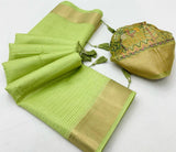 Linen Silk Saree with Golden Zari Border & Contrast Blouse-004