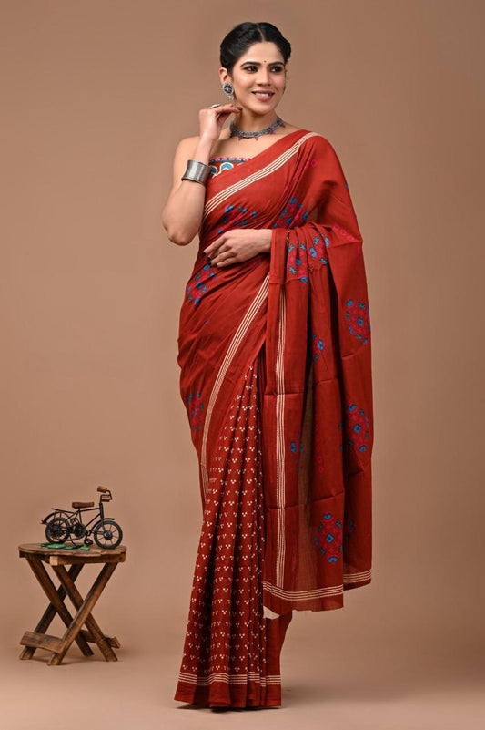 Bagru Block Print Cotton Mulmul Saree (Product Code - 118)