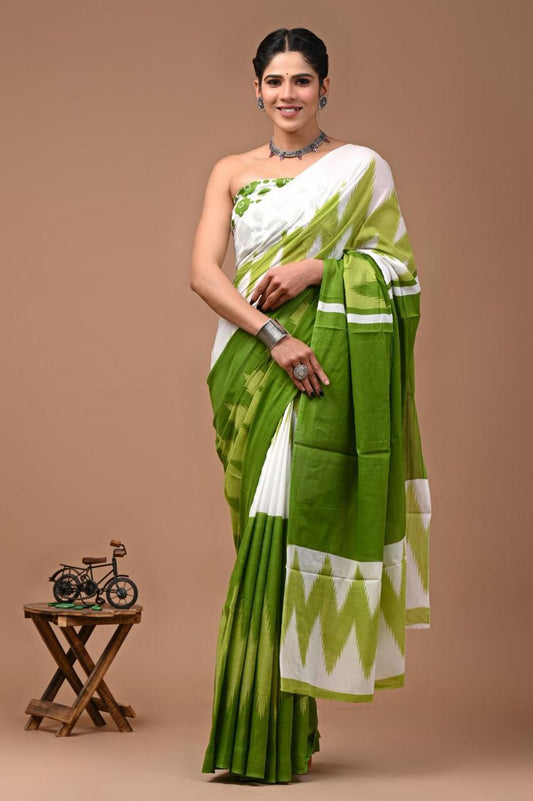 Bagru Block Print Cotton Mulmul Saree (Product Code - 117)