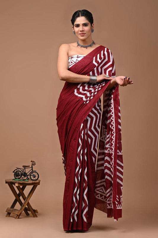 Bagru Block Print Cotton Mulmul Saree (Product Code - 116)