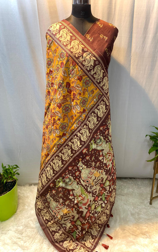 Elegant Soft Cotton Chanderi Saree with Kalamkari Digital Print and Tassels- 001