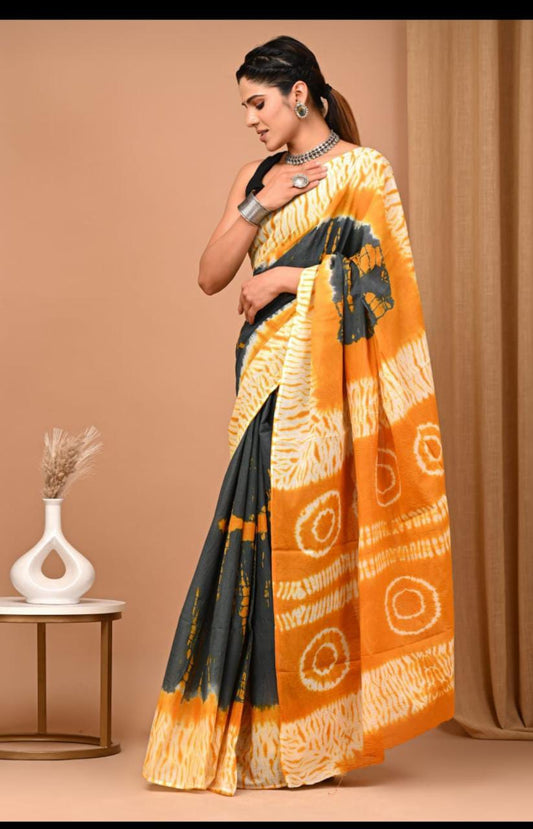 Bagru Block Print Cotton Mulmul Saree (Product Code - 024)